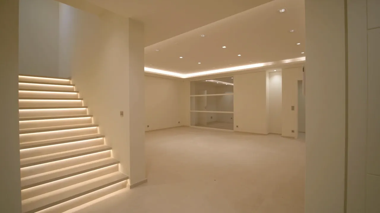 Fertig sanierter Wohnraum mit beleuchteter Treppe