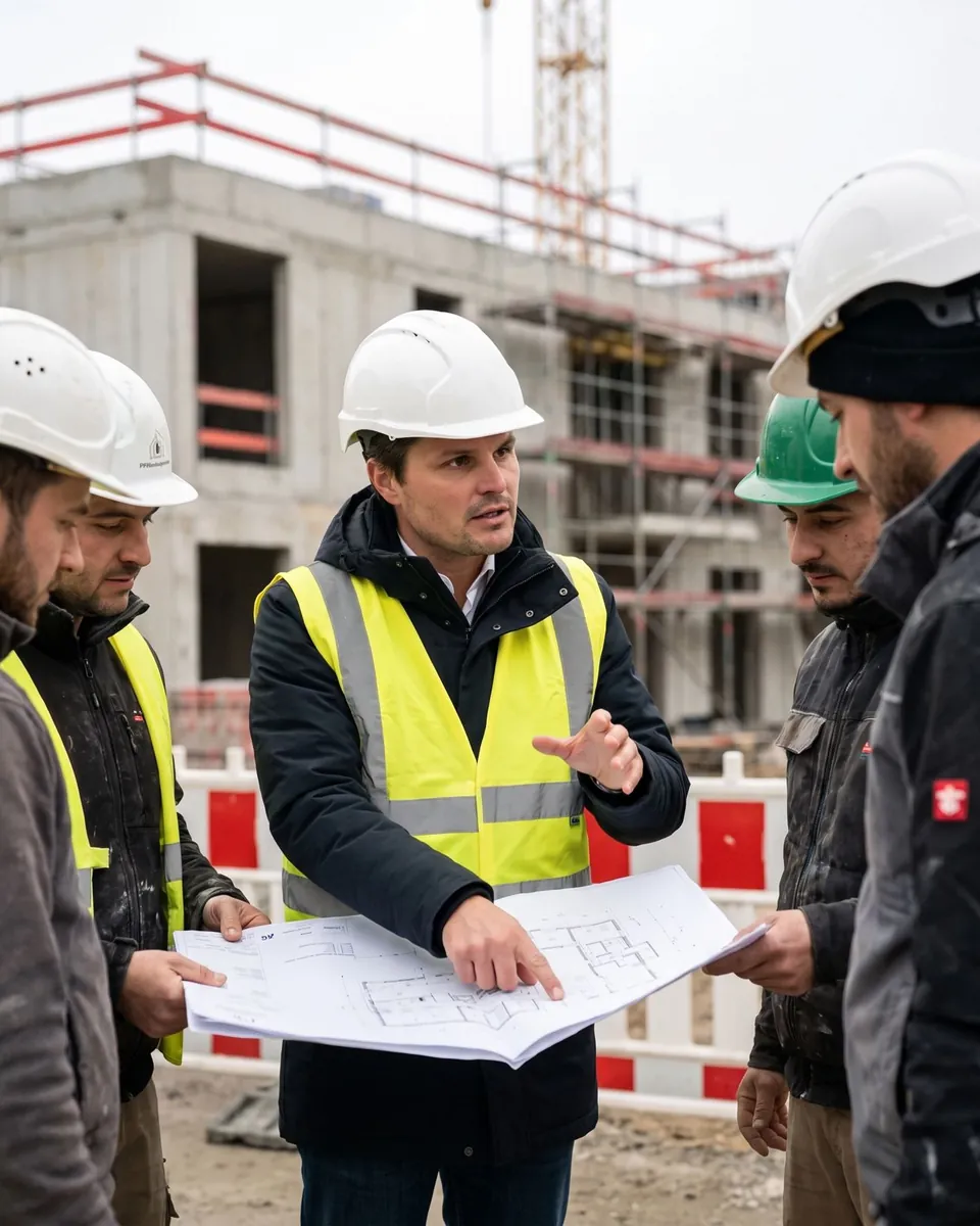 Bauleiter bespricht den Bauplan mit drei Mitarbeitern auf der Baustelle